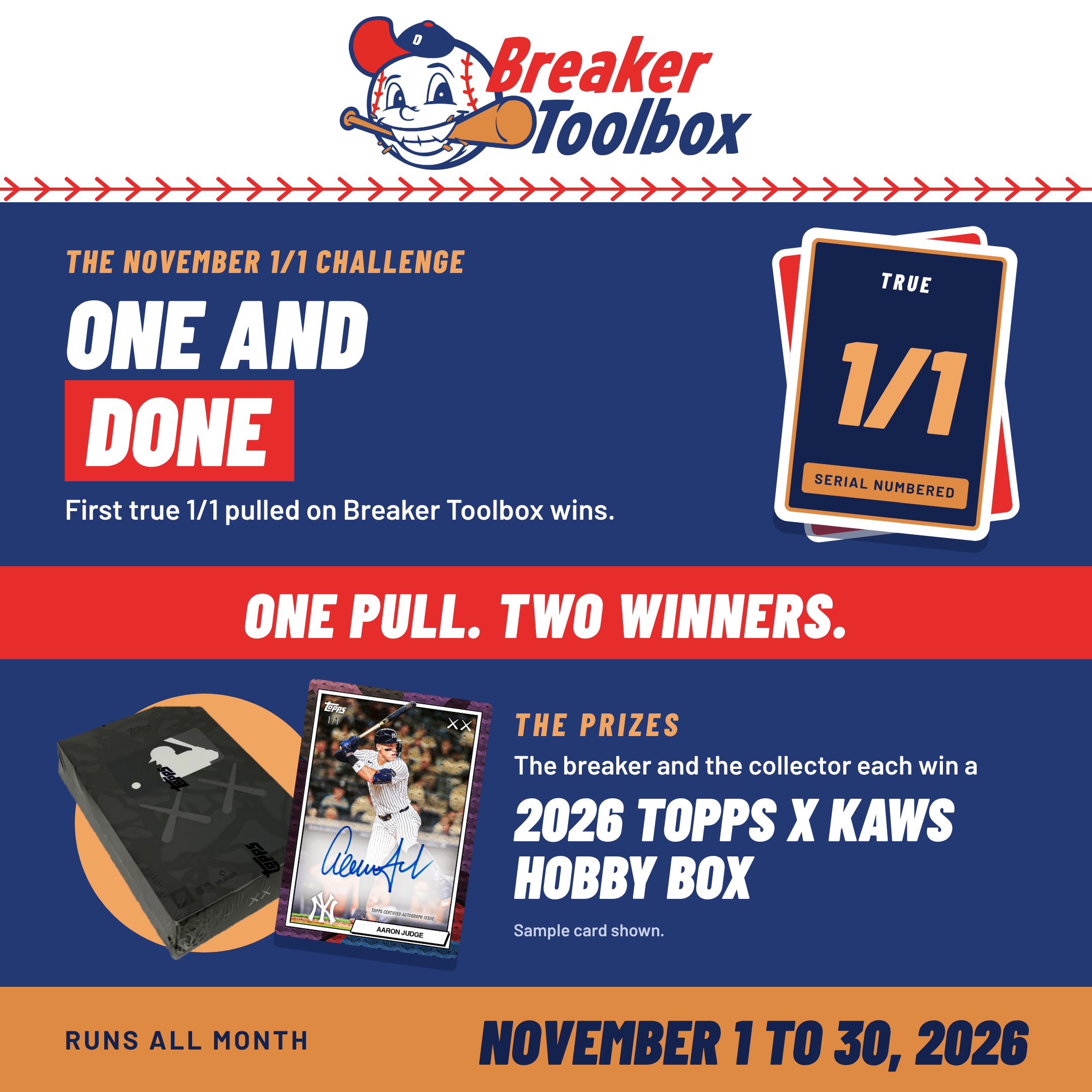 One and Done: The November 1/1 Challenge promo graphic, November 1 to 30, 2026
