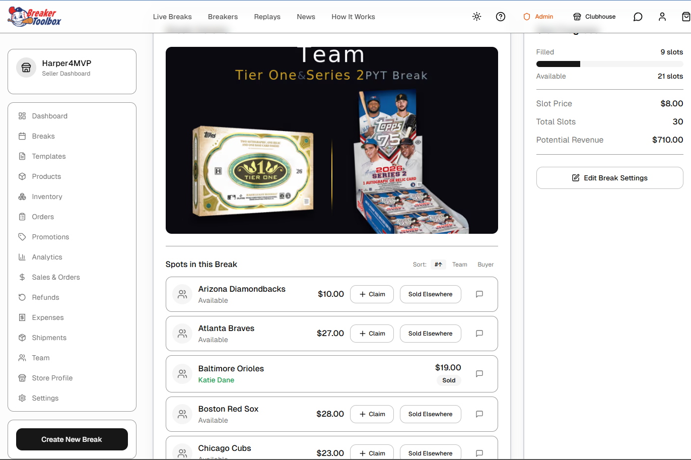 Break Details showing Claim and Sold Elsewhere buttons
