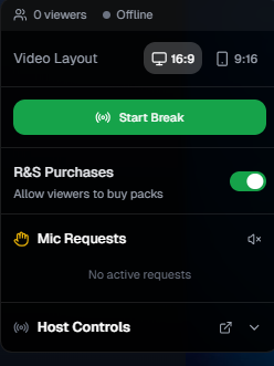 Livestream panel showing Start Break button, R&S Purchases toggle, Mic Requests, and Host Controls