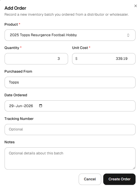 Add Order form with Product, Quantity, Unit Cost, and other fields