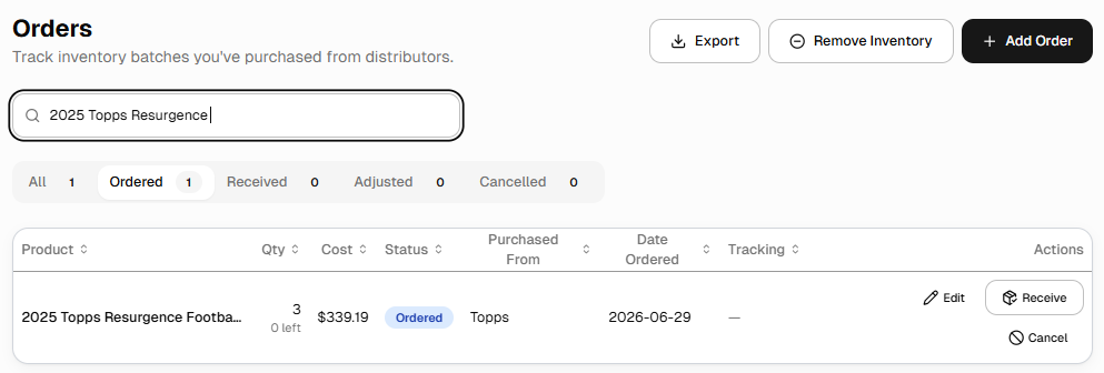 Orders screen showing a batch with Ordered status and Edit, Receive, and Cancel actions