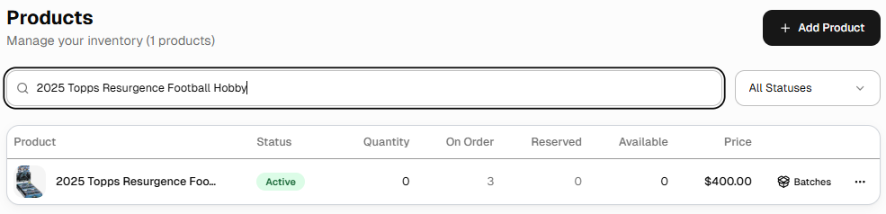 Products screen showing On Order quantity separate from Available quantity