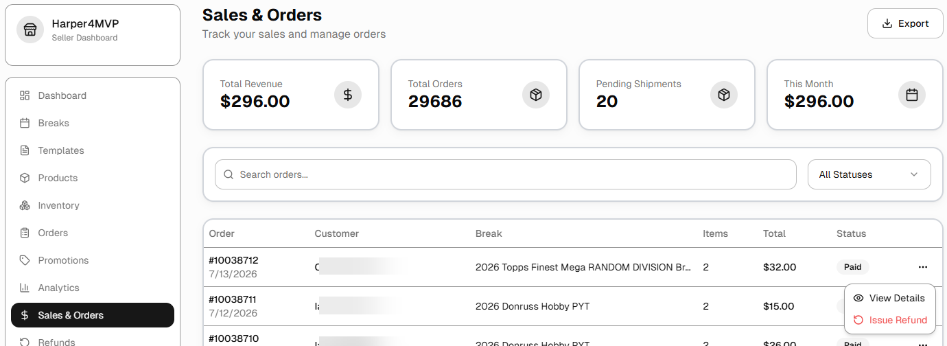 Sales and Orders screen with Issue Refund option