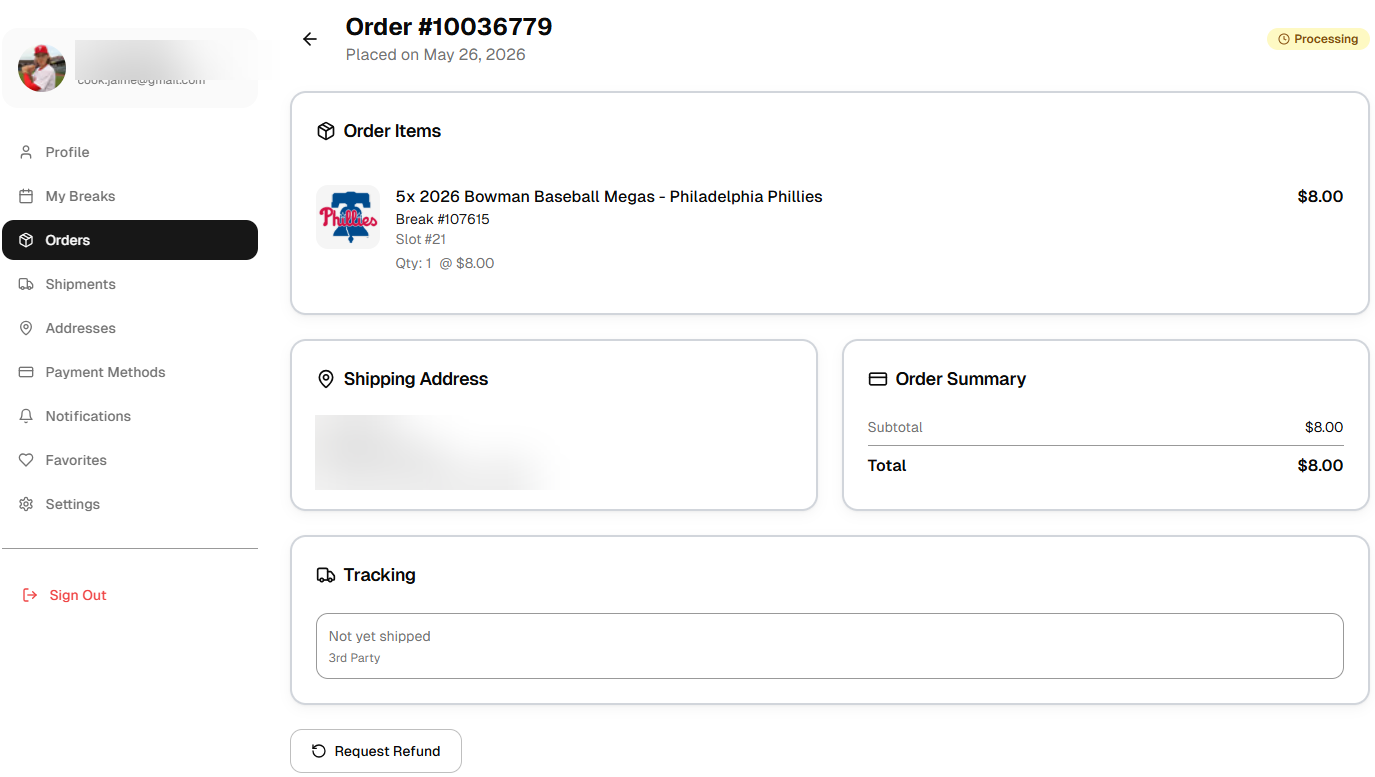 Order details screen with Request Refund button