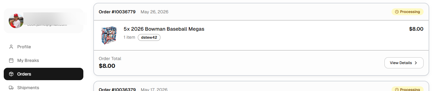 Orders screen with View Details button