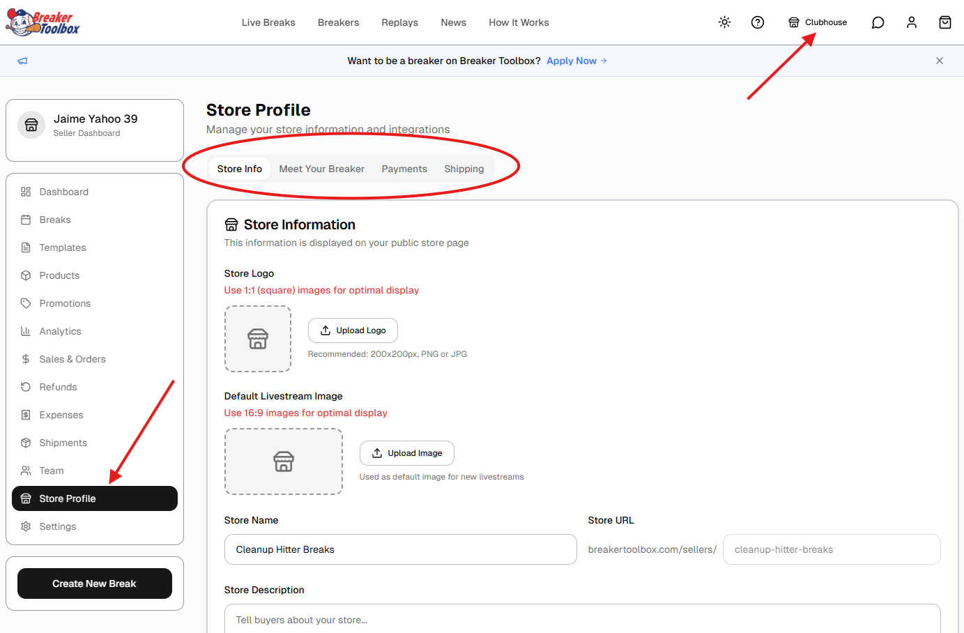 Store Profile page showing Store Info tab