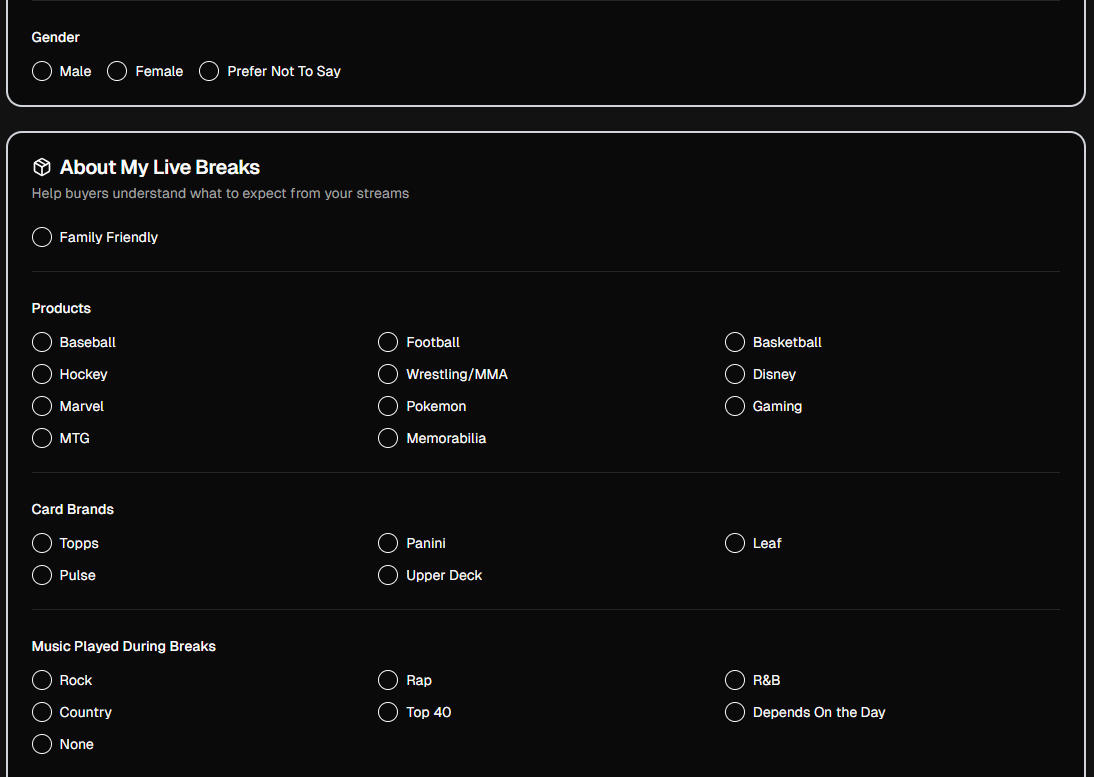 About My Live Breaks section