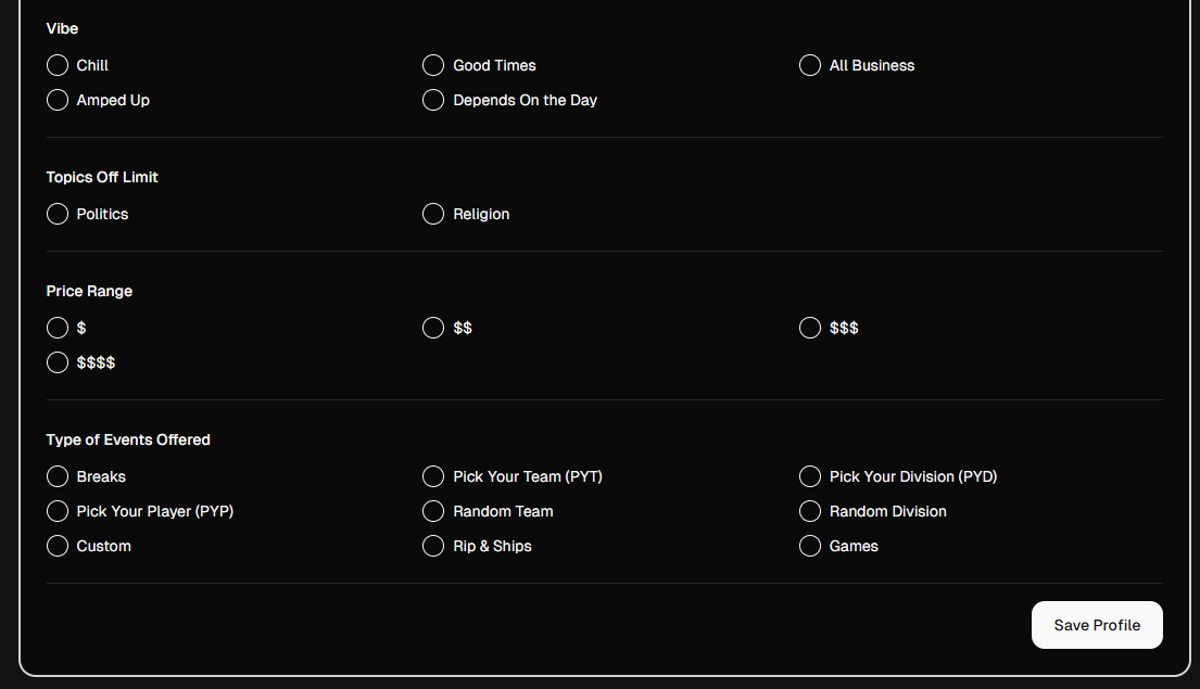 Vibe, Topics, Price Range, and Events sections