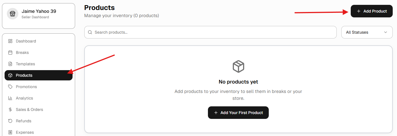 Products page with Add Product button