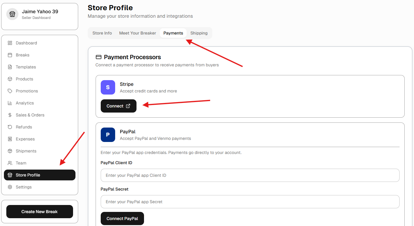 Store Profile Payments tab showing Connect buttons for Stripe and PayPal