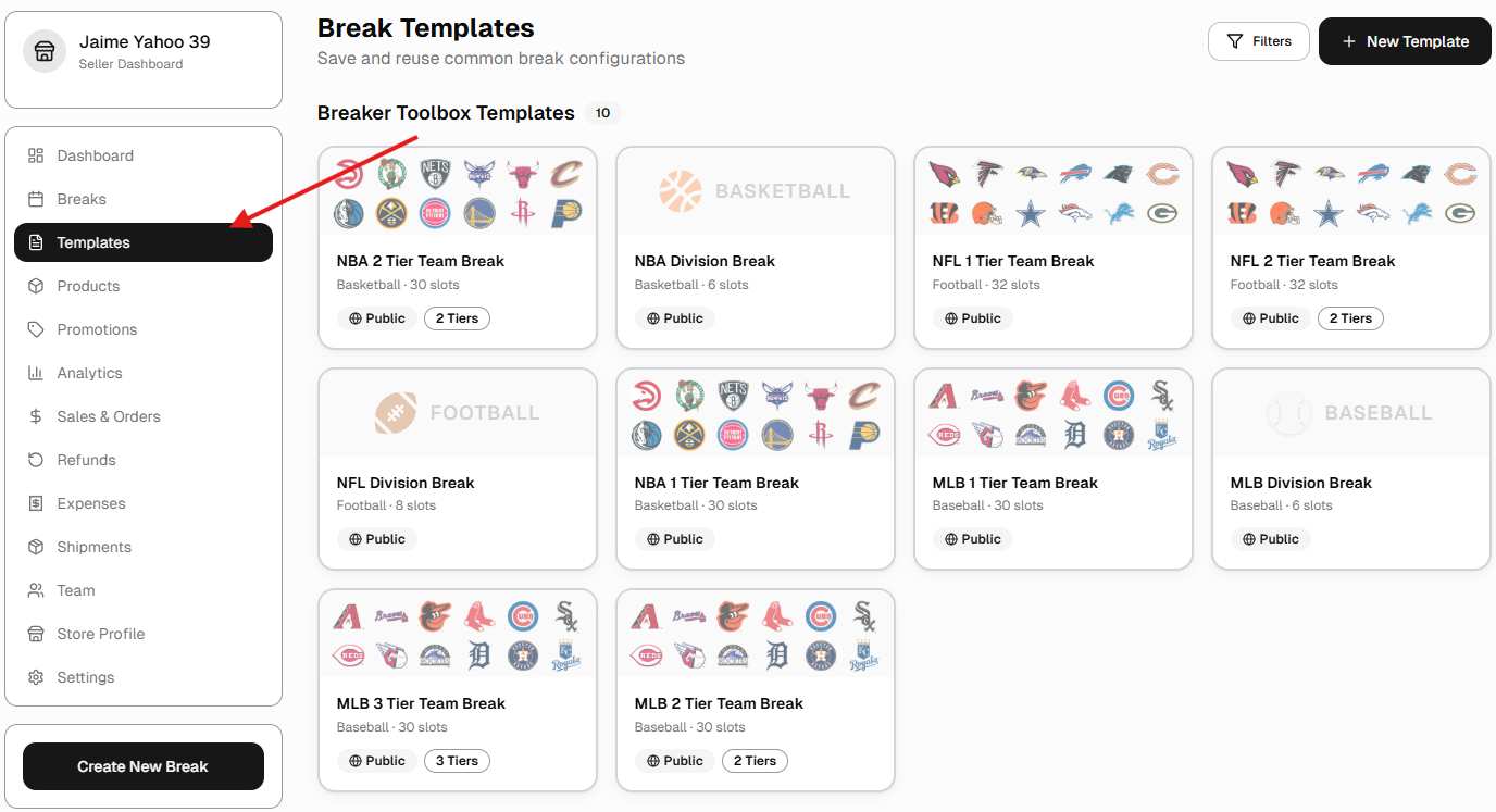 Break Templates page with gallery of NBA, NFL, and MLB templates