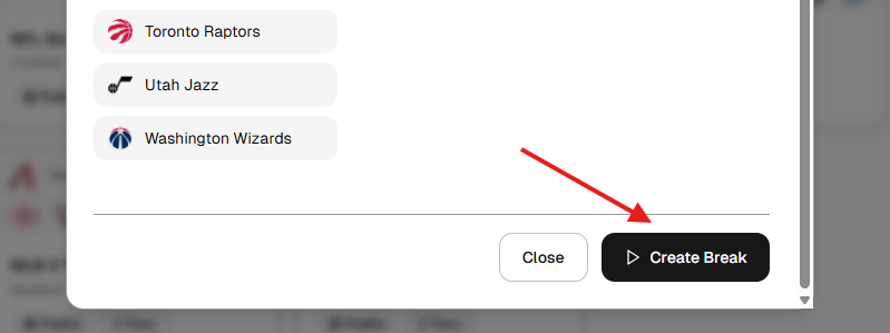 Create Break dialog with team list