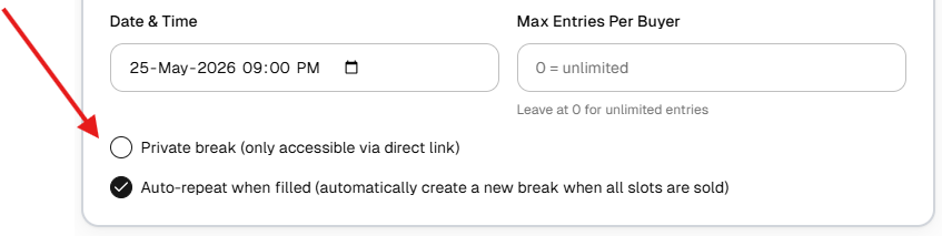 Break settings showing Private break checkbox