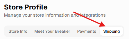 Store Profile tabs with arrow pointing to Shipping tab