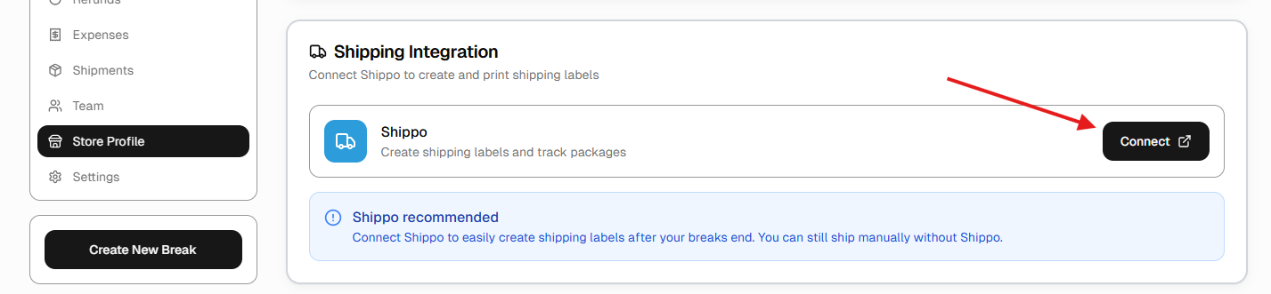 Shipping Integration panel with Connect button for Shippo