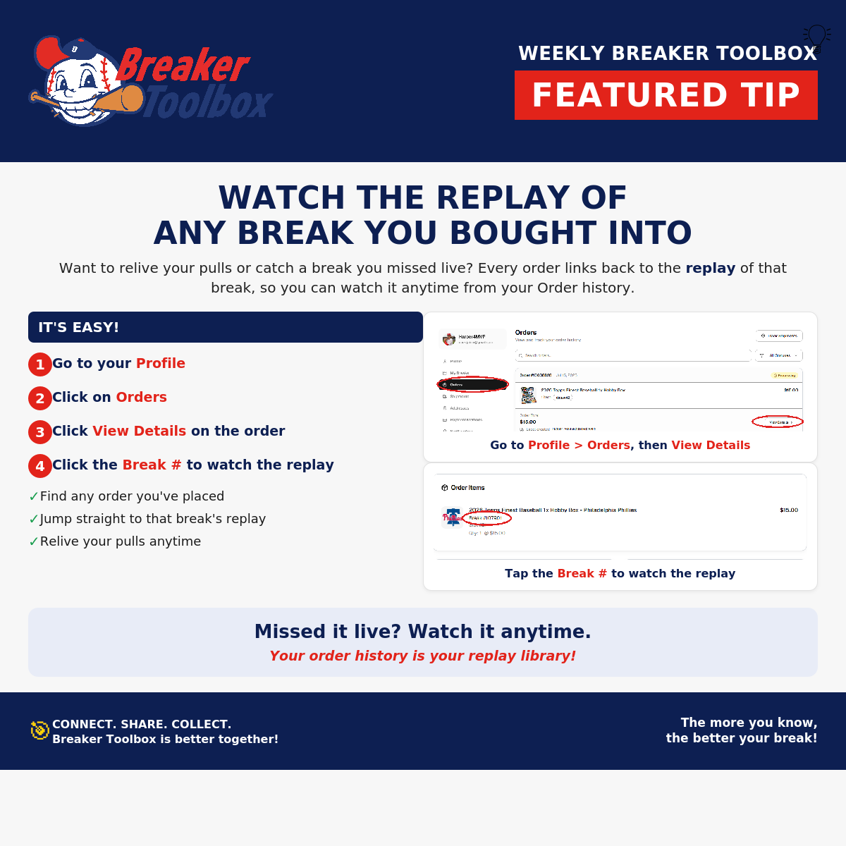 Watch the replay of any break you bought into
